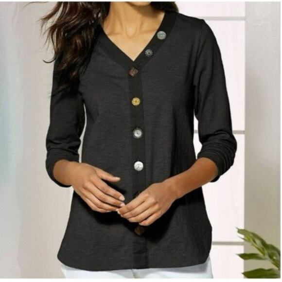 Soft Surroundings Daniella Button‎ Top Black Mixed Button Large Petite - Picture 1 of 8